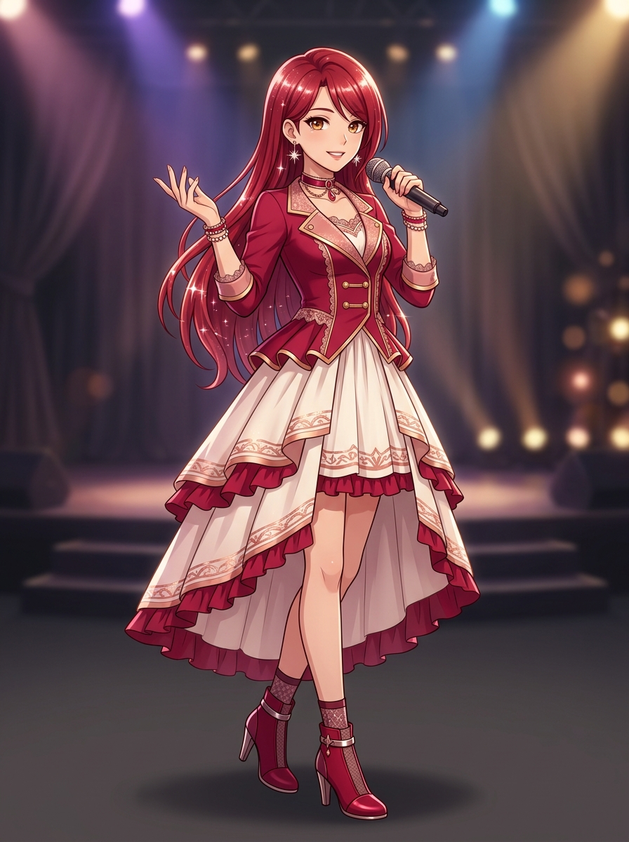 Scarlet — Anime lady with nice sparkling red hair, specialized in singing, with a lovely voice and appearance that attracts people because she is so nice.