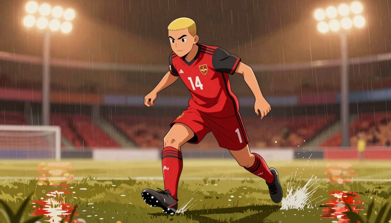 A fictional young football player, tall and lean with a short blond buzz cut, we