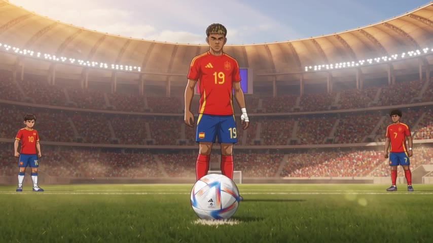 WORLD: A vast fictional 2034 international football final is underway inside a m
