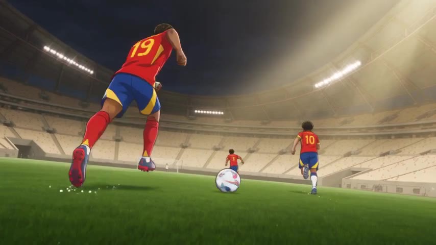 WORLD: A vast fictional international football final stadium rises from a sun-ba