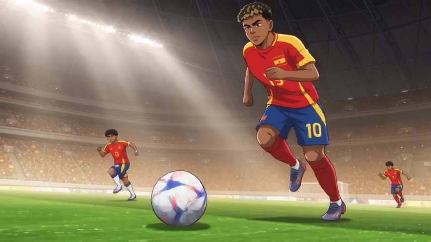 WORLD: A vast fictional international football final stadium rises from a sun-ba