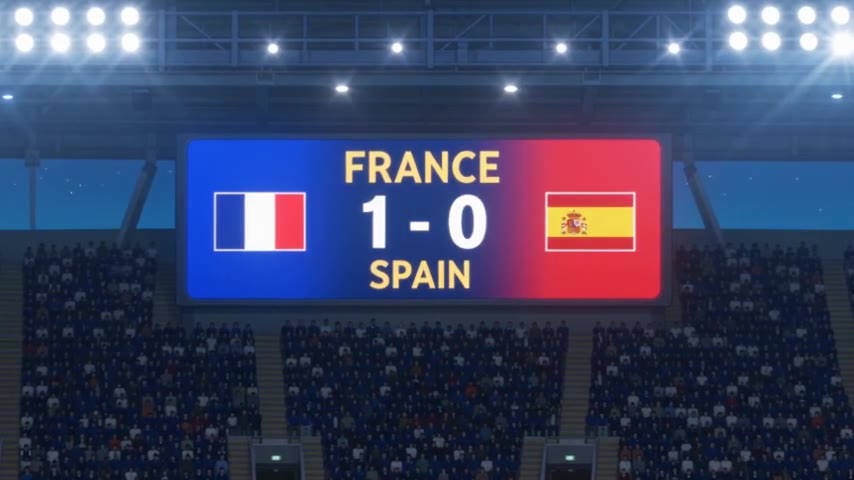 a match between France and Spain, showing the scoreboard 1 - 0 to France, a Japa