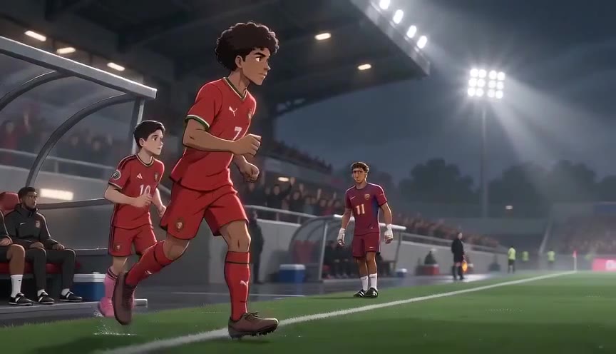 30-second fully animated cinematic football story, 16:9, 480p, native Japanese a